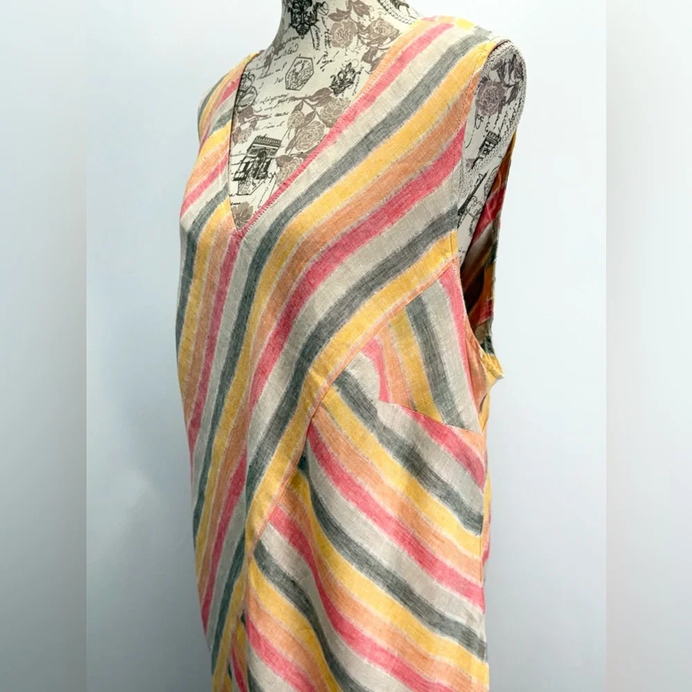 PURE JILL Pink, gray & yellow Linen sleeveless V neck maxi sundress size 3X - Picture 5 of 16